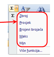 Funkcije naredbenog gumba Zbroj