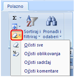 Ponuda naredbenog gumba Očisti