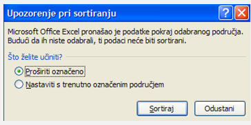 Upozorenje pri sortiranju