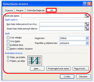 Dijaloški okvir grupe Mogućnosti lista.