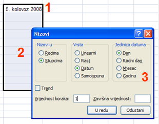 Stvaranje datumskog niza gumbom Ispuna