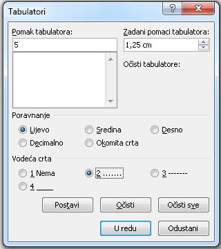 Postavljanje tabulatora
